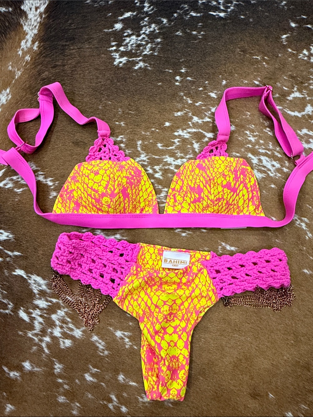 Bahimi Pink & Yellow Crochet-Accent Bikini Set
